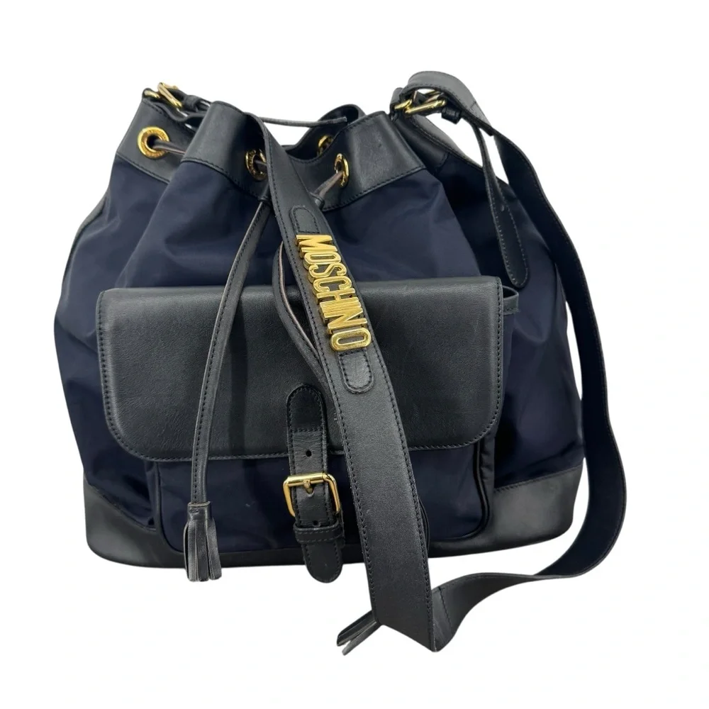 Moschino Vintage Bucket Redwall Nylon Navy Blue Shoulder Bag Crossbody - Picture 1 of 14